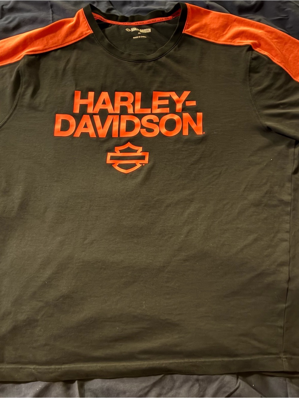 Harley-Davidson Black Tee with Orange Logo & Shoulder Accents